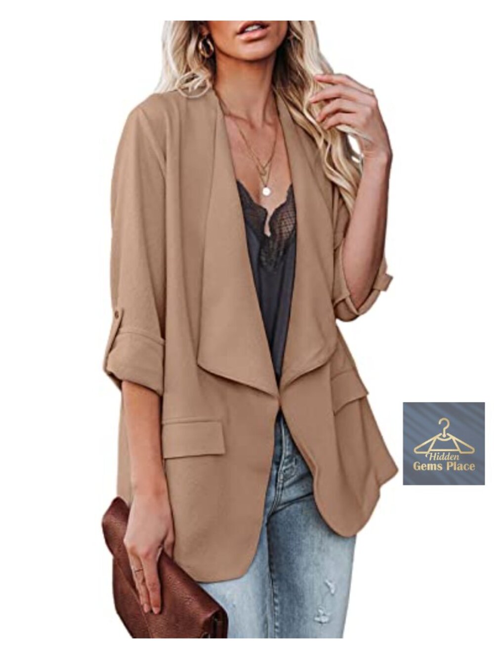 Womens Roll Up Sleeve Open Front Blazer Jacket Office Business Casual with